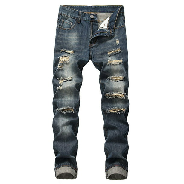 iMakCC Mens Vintage Ripped Skinny Distressed Destroyed Straight Fit Waist Print Denim Jeans 